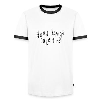 good things take time - Männer Kontrast-T-Shirt - Weiß/Schwarz - Vorne - AI Model Female 172 light (172cm) & AI Model Male 178 dark (178cm)