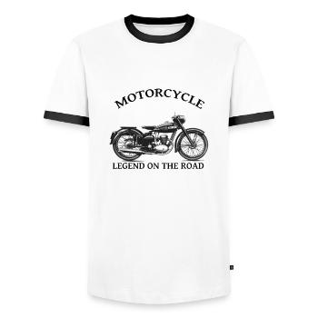VINTAGE MOTO Kreation Louis RUNEMBERG © Adagp - Männer Kontrast-T-Shirt - Weiß/Schwarz - Vorne - AI Model Female 172 light (172cm) & AI Model Male 178 dark (178cm)
