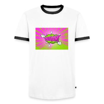 Wham! Comic Style Bubble Graffiti Lettering - Men's Ringer Shirt - white/black - Front - AI Model Female 172 light (172cm) & AI Model Male 178 dark (178cm)