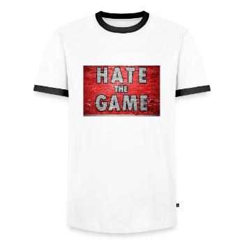 Hate The Game Brick Wall Graffiti - Men's Ringer Shirt - white/black - Front - AI Model Female 172 light (172cm) & AI Model Male 178 dark (178cm)