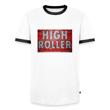 High Roller Brick Wall Graffiti - Men's Ringer Shirt - white/black - Front - AI Model Female 172 light (172cm) & AI Model Male 178 dark (178cm)