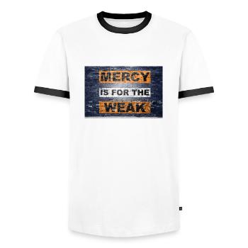 Barmherzigkeit ist für die Schwachen Spruch Schriftzug Graffiti auf - Männer Kontrast-T-Shirt - Weiß/Schwarz - Vorne - AI Model Female 172 light (172cm) & AI Model Male 178 dark (178cm)