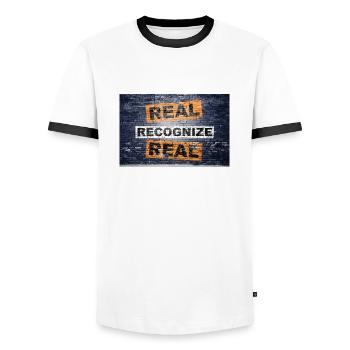 Real Erkennen Echter Schriftzug Graffiti - Männer Kontrast-T-Shirt - Weiß/Schwarz - Vorne - AI Model Female 172 light (172cm) & AI Model Male 178 dark (178cm)