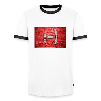 Smiley brick wall graffiti :-) - Men's Ringer Shirt - white/black - Front - AI Model Female 172 light (172cm) & AI Model Male 178 dark (178cm)