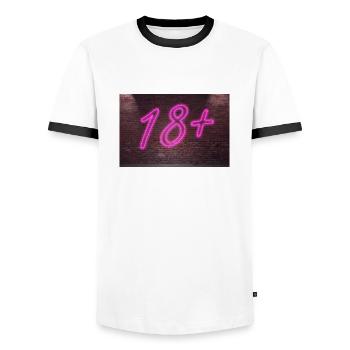 Neon age restrictions 18 + lettering on Brick Wall - Men's Ringer Shirt - white/black - Front - AI Model Female 172 light (172cm) & AI Model Male 178 dark (178cm)