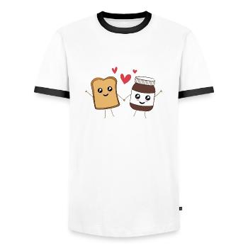 Funny Food Kawaii - Biscotte and Chocolat in Love - Men's Ringer Shirt - white/black - Front - AI Model Female 172 light (172cm) & AI Model Male 178 dark (178cm)