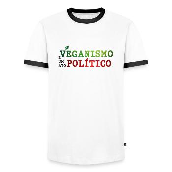 Veganismo é um Ato Político - Men's Ringer Shirt - white/black - Front - AI Model Female 172 light (172cm) & AI Model Male 178 dark (178cm)