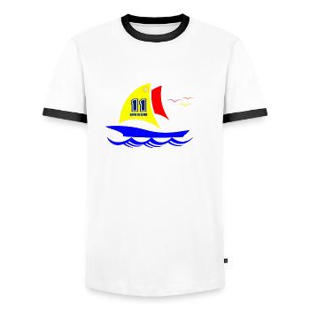 Sailboat Gruissan Occitanie - Men's Ringer Shirt - white/black - Front - AI Model Female 172 light (172cm) & AI Model Male 178 dark (178cm)
