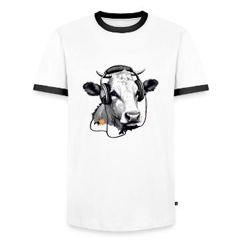 Jiji the audiophile cow - Men's Ringer Shirt - white/black - Front - AI Model Female 172 light (172cm) & AI Model Male 178 dark (178cm)