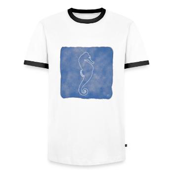 « Seahorse », Boho Line Art Design, Ocean Series - T-shirt contrasté Homme - blanc/noir - Devant - AI Model Female 172 light (172cm) & AI Model Male 178 dark (178cm)