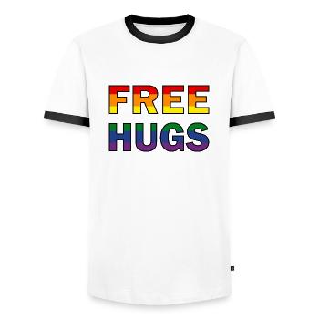 Free Hugs Rainbow Flag - Men's Ringer Shirt - white/black - Front - AI Model Female 172 light (172cm) & AI Model Male 178 dark (178cm)
