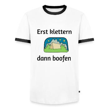 Erst klettern dann boofen - Männer Kontrast-T-Shirt - Weiß/Schwarz - Vorne - AI Model Female 172 light (172cm) & AI Model Male 178 dark (178cm)