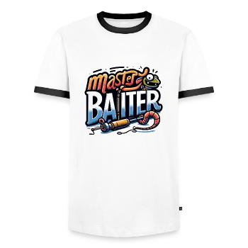 Humorvolles "Master Baiter" T-Shirt mit Angelmotiv - Männer Kontrast-T-Shirt - Weiß/Schwarz - Vorne - AI Model Female 172 light (172cm) & AI Model Male 178 dark (178cm)