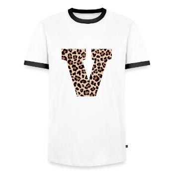 Letter V Leopard Pattern - Birthday Gift Idea - Men's Ringer Shirt - white/black - Front - AI Model Female 172 light (172cm) & AI Model Male 178 dark (178cm)