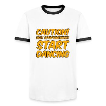 Caution! May Spontaneously Start Dancing - Men's Ringer Shirt - white/black - Front - AI Model Female 172 light (172cm) & AI Model Male 178 dark (178cm)