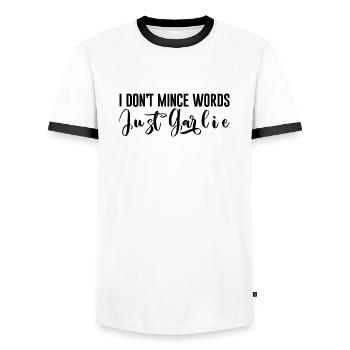 Je ne mâche pas mes mots, juste de l’ail - T-shirt contrasté Homme - blanc/noir - Devant - AI Model Female 172 light (172cm) & AI Model Male 178 dark (178cm)