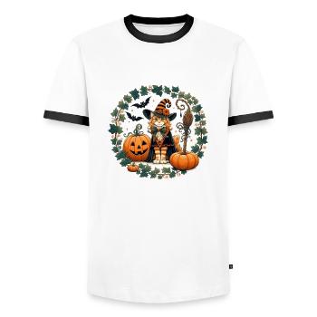 Halloween Ginger Cat - Men's Ringer Shirt - white/black - Front - AI Model Female 172 light (172cm) & AI Model Male 178 dark (178cm)