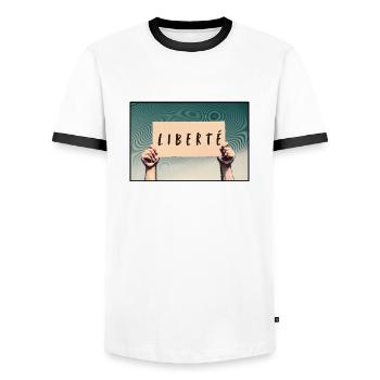 Sign - Freedom - Men's Ringer Shirt - white/black - Front - AI Model Female 172 light (172cm) & AI Model Male 178 dark (178cm)