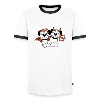 2 Dogs Angel Devil Satan Heaven Hell Conscience - Men's Ringer Shirt - white/black - Front - AI Model Female 172 light (172cm) & AI Model Male 178 dark (178cm)