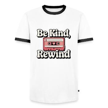Be Kind, Rewind Cassette Tape - Men's Ringer Shirt - white/black - Front - AI Model Female 172 light (172cm) & AI Model Male 178 dark (178cm)