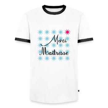 MISTRESS. THANK YOU. THANK YOU MISTRESS - Men's Ringer Shirt - white/black - Front - AI Model Female 172 light (172cm) & AI Model Male 178 dark (178cm)