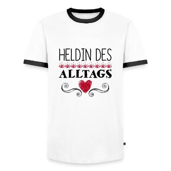 378 Heldin des Alltags - Männer Kontrast-T-Shirt - Weiß/Schwarz - Vorne - AI Model Female 172 light (172cm) & AI Model Male 178 dark (178cm)