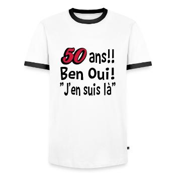 50 ans / anniversaire 50 ans / t-shirt 50 ans - T-shirt contrasté Homme - blanc/noir - Devant - AI Model Female 172 light (172cm) & AI Model Male 178 dark (178cm)