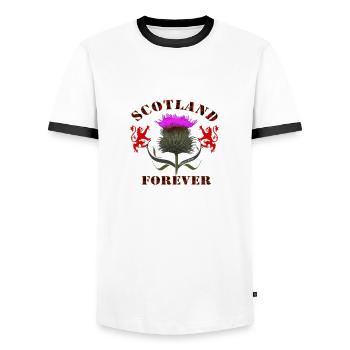 scotland forever thistle_red tartan - Men's Ringer Shirt - white/black - Front - AI Model Female 172 light (172cm) & AI Model Male 178 dark (178cm)