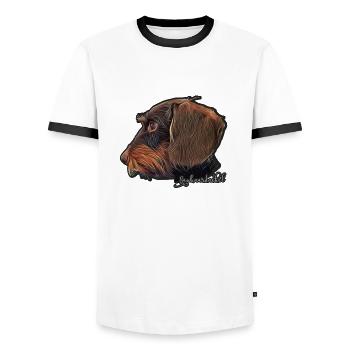 Rauhaardackel mit Schriftzug - Männer Kontrast-T-Shirt - Weiß/Schwarz - Vorne - AI Model Female 172 light (172cm) & AI Model Male 178 dark (178cm)