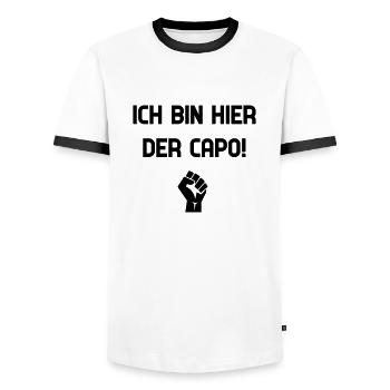 ICH BIN HIER DER CAPO - Männer Kontrast-T-Shirt - Weiß/Schwarz - Vorne - AI Model Female 172 light (172cm) & AI Model Male 178 dark (178cm)