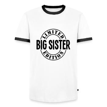 big sister limited edition stamp copy - Men's Ringer Shirt - white/black - Front - AI Model Female 172 light (172cm) & AI Model Male 178 dark (178cm)