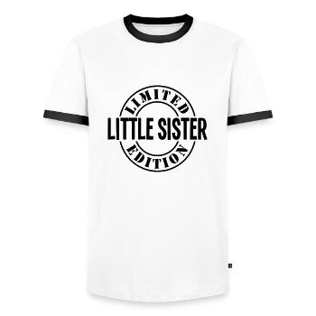 little sister limited edition stamp copy - Men's Ringer Shirt - white/black - Front - AI Model Female 172 light (172cm) & AI Model Male 178 dark (178cm)