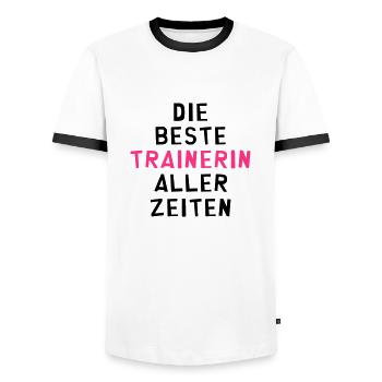 Trainer Trainerin Coach Coaching Coachin Sport - Männer Kontrast-T-Shirt - Weiß/Schwarz - Vorne - AI Model Female 172 light (172cm) & AI Model Male 178 dark (178cm)