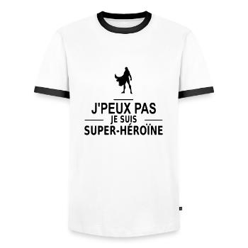 j'peux pas je suis super-héroine - Men's Ringer Shirt - white/black - Front - AI Model Female 172 light (172cm) & AI Model Male 178 dark (178cm)