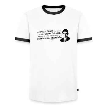 Franz Kafka | Zitat Verwandlung Gregor Samsa - Männer Kontrast-T-Shirt - Weiß/Schwarz - Vorne - AI Model Female 172 light (172cm) & AI Model Male 178 dark (178cm)