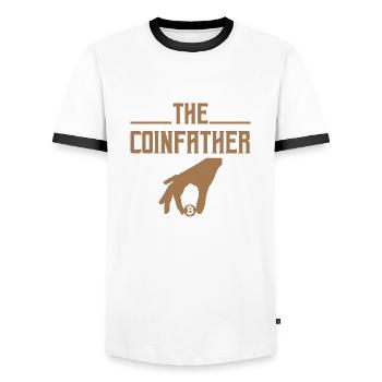 Bitcoin BTC, the Coinfather - Men's Ringer Shirt - white/black - Front - AI Model Female 172 light (172cm) & AI Model Male 178 dark (178cm)