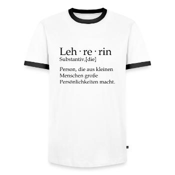 Lehrerin person, die aus kleinen menschen große - Männer Kontrast-T-Shirt - Weiß/Schwarz - Vorne - AI Model Female 172 light (172cm) & AI Model Male 178 dark (178cm)