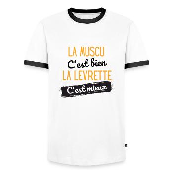 La muscu c'est bien la levrette c'est mieux - T-shirt contrasté Homme - blanc/noir - Devant - AI Model Female 172 light (172cm) & AI Model Male 178 dark (178cm)