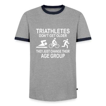 Triathlon Swim Bike Run - Men's Ringer Shirt - grey/navy  - Front - AI Model Female 172 light (172cm) & AI Model Male 178 light (178cm)