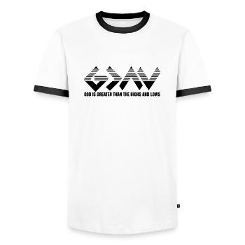 Dieu est plus grand que les hauts et les bas - T-shirt contrasté Homme - blanc/noir - Devant - AI Model Female 172 light (172cm) & AI Model Male 178 dark (178cm)