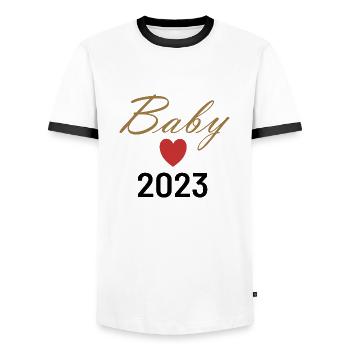 Schwangerschaft und Baby 2023 - Männer Kontrast-T-Shirt - Weiß/Schwarz - Vorne - AI Model Female 172 light (172cm) & AI Model Male 178 dark (178cm)