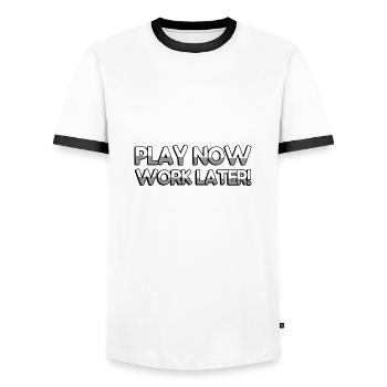 PLAY NOW WORK LATER! - Gaming - Männer Kontrast-T-Shirt - Weiß/Schwarz - Vorne - AI Model Female 172 light (172cm) & AI Model Male 178 dark (178cm)