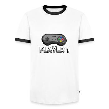 PLAYER 1 + SNES Controller - Gaming - Men's Ringer Shirt - white/black - Front - AI Model Female 172 light (172cm) & AI Model Male 178 dark (178cm)