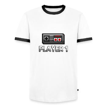 PLAYER 1 + NES Controller - Gaming - Men's Ringer Shirt - white/black - Front - AI Model Female 172 light (172cm) & AI Model Male 178 dark (178cm)