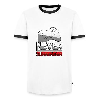 NEVER SURRENDER (Red) + Controller - Gaming - Men's Ringer Shirt - white/black - Front - AI Model Female 172 light (172cm) & AI Model Male 178 dark (178cm)