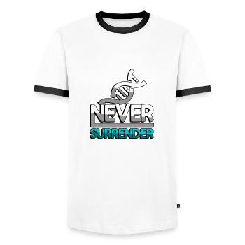 NEVER SURRENDER (Turquoise) + DNA - Gaming - Men's Ringer Shirt - white/black - Front - AI Model Female 172 light (172cm) & AI Model Male 178 dark (178cm)
