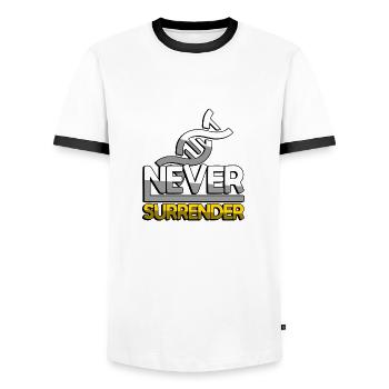 NEVER SURRENDER (Yellow) + DNA - Gaming - Men's Ringer Shirt - white/black - Front - AI Model Female 172 light (172cm) & AI Model Male 178 dark (178cm)