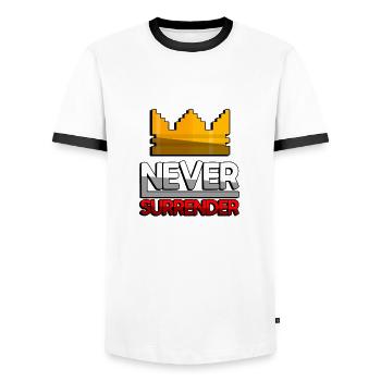 NEVER SURRENDER (Red) + King Crown - Gaming - Men's Ringer Shirt - white/black - Front - AI Model Female 172 light (172cm) & AI Model Male 178 dark (178cm)