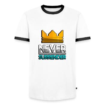 NEVER SURRENDER (Turquoise) + King Crown - Gaming - Men's Ringer Shirt - white/black - Front - AI Model Female 172 light (172cm) & AI Model Male 178 dark (178cm)