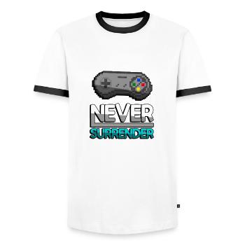 NEVER SURRENDER (Turquoise)+ SNES Controller - Gaming - Men's Ringer Shirt - white/black - Front - AI Model Female 172 light (172cm) & AI Model Male 178 dark (178cm)
